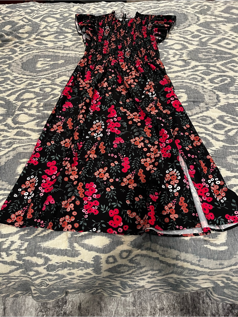 Black Floral Midi Skirt with Red and Coral Blossoms